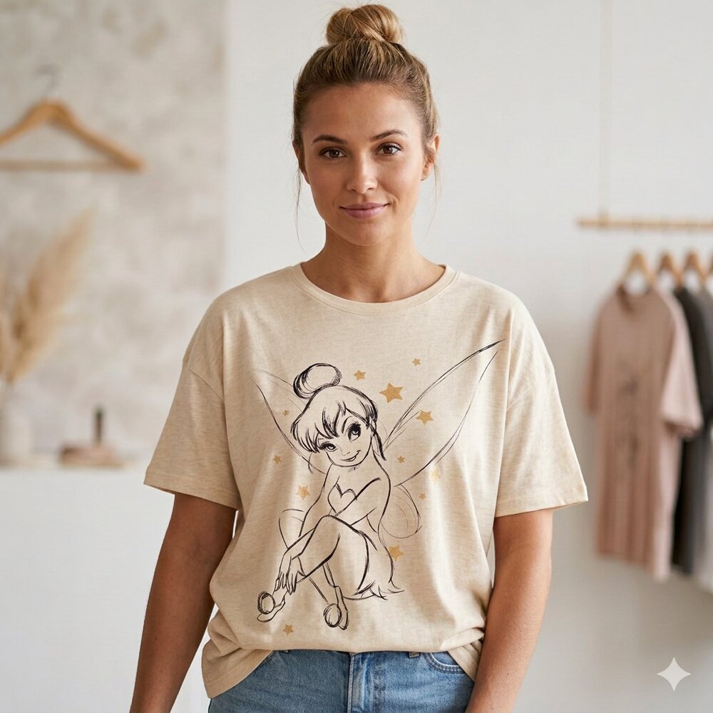 DISNEY Sketch Tinkerbell Beige Cream Tee Size Large EUC